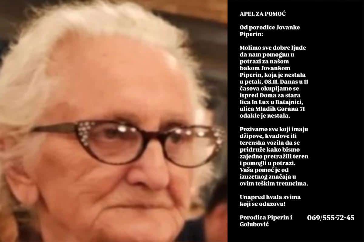 DruštvoDruštvoApel za pomoć! "Molimo sve dobre ljude da nam pomognu u potrazi, okupljamo se danas!" Porodica Jovanke koja je nestala iz staračkog doma traži pomoćReagujKomentarišiReagujKomentariši