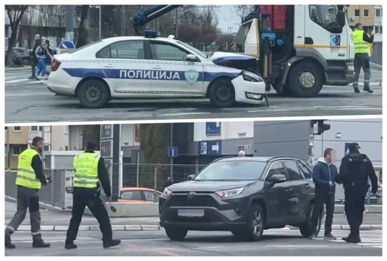 POLICIJSKI AUTOMOBIL SMRSKAN NASRED ULICE! Pogledajte karambol u centru Beograda nakon saobraćajke, pričinjena velika materijalna šteta! (VIDEO)